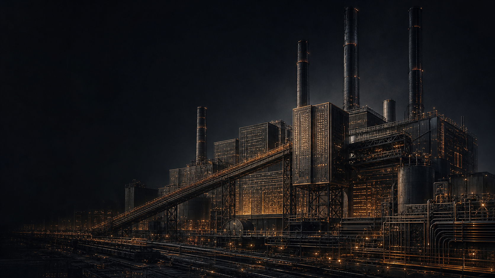 A vast industrial factory whose machinery glows with computational signals